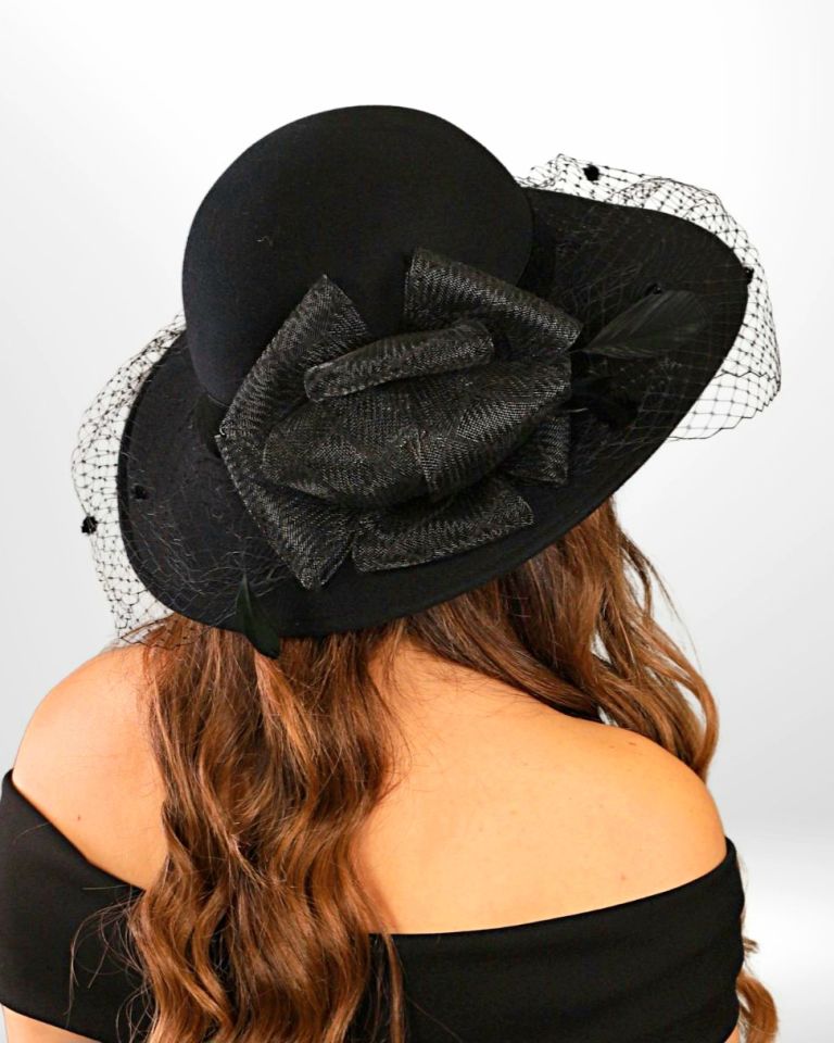 Gemma Siyah Renk Derby Şapka Tül peçeli