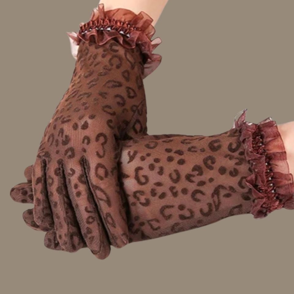 Barones Kahverengi Renk Leopar Desenli Dantel Eldiven