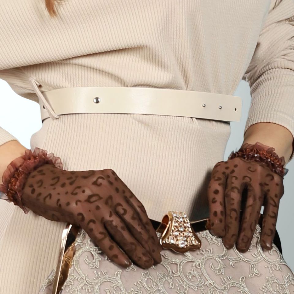 Barones Kahverengi Renk Leopar Desenli Dantel Eldiven