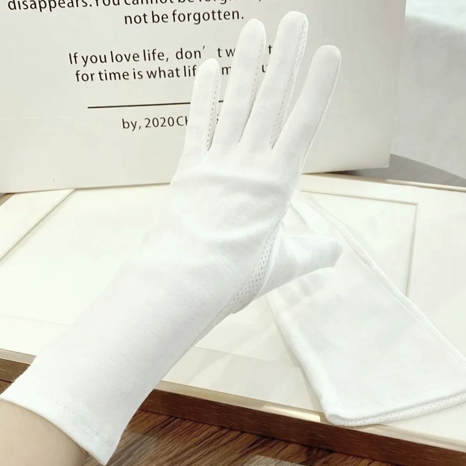 Beyaz Bilek Üstü Boy Pamuklu Kumaş Sürüş Eldiveni