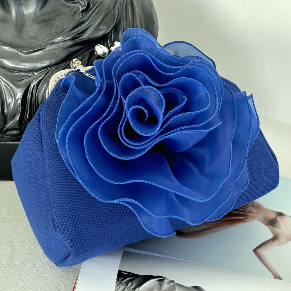 Orkide Model  Saks Mavi Kumaş Tasarım  Çanta