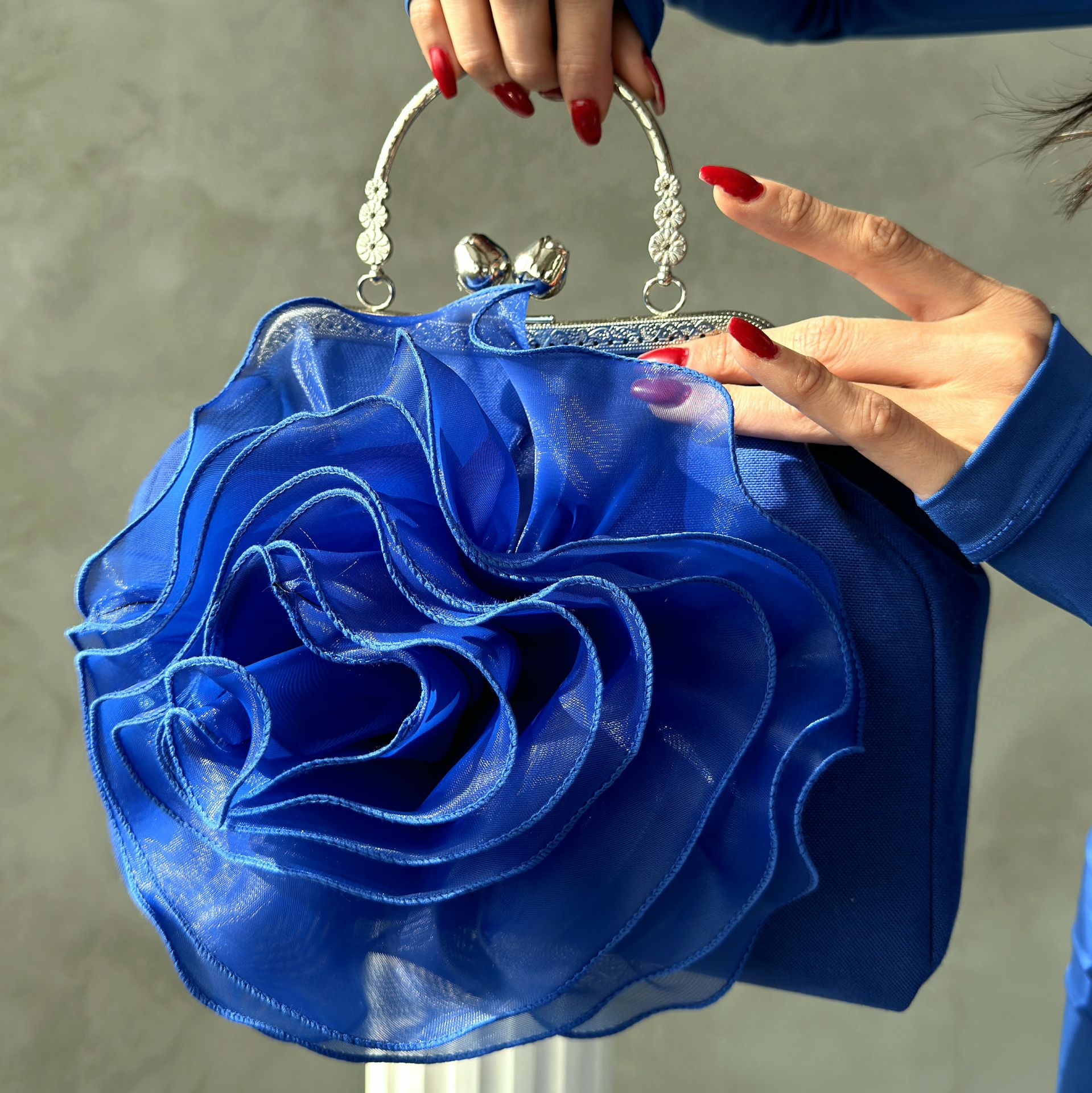 Orkide Model  Saks Mavi Kumaş Tasarım  Çanta