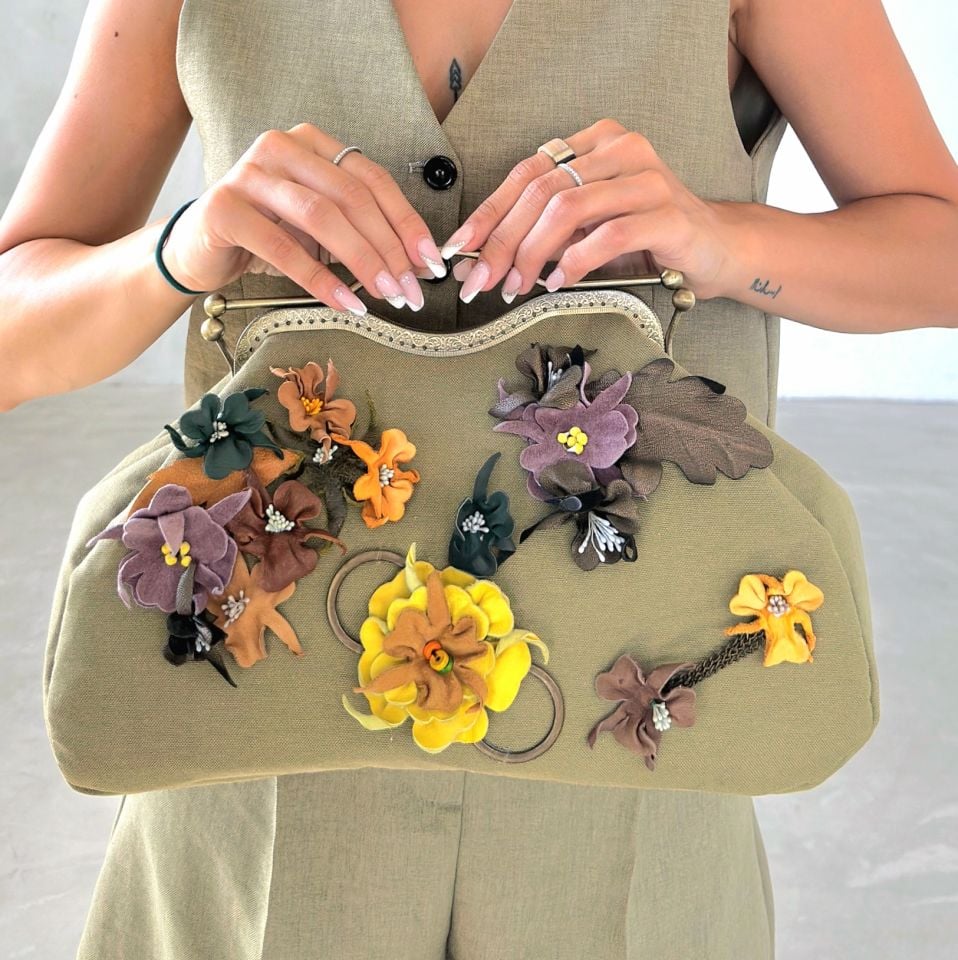 Antik Yeşil Renk Kumaş  Tasarım  Çanta