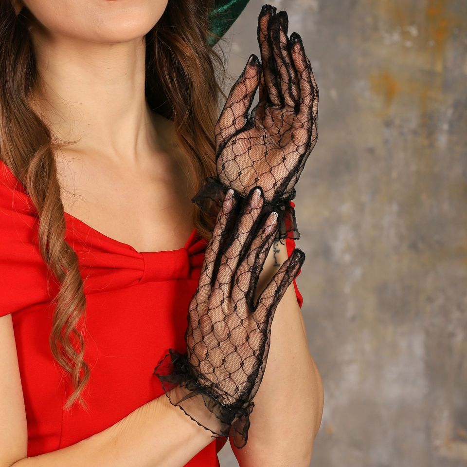 Barones Siyah Petek Dantel Eldiven