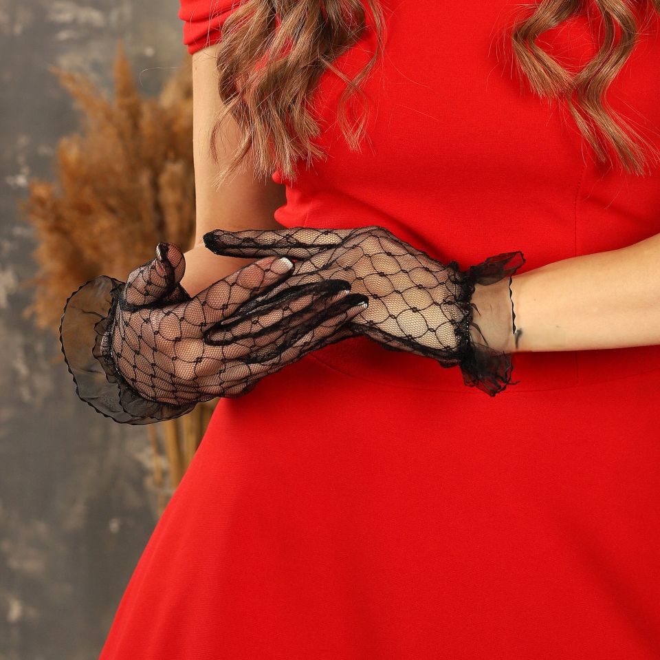 Barones Siyah Petek Dantel Eldiven