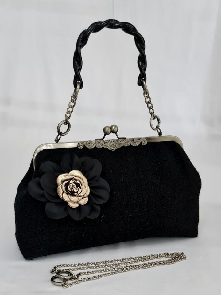 Orkide Model Siyah Renk Kumaş Tasarım Çanta