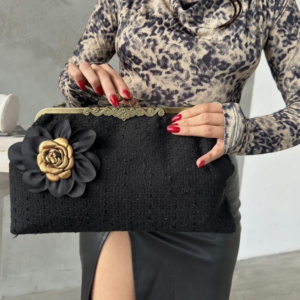 Orkide Model Siyah Renk Kumaş Tasarım Çanta