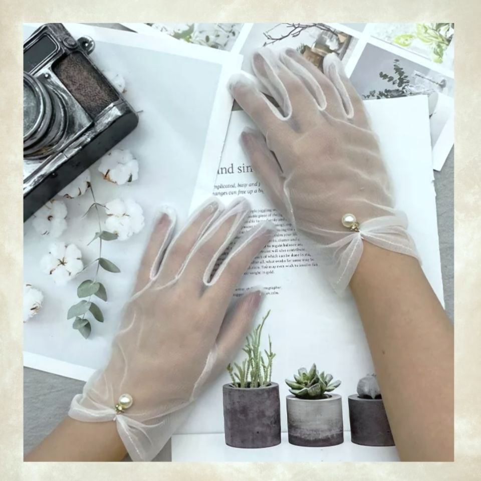 Leydi İnci Beyazı Organze İncili Eldiven