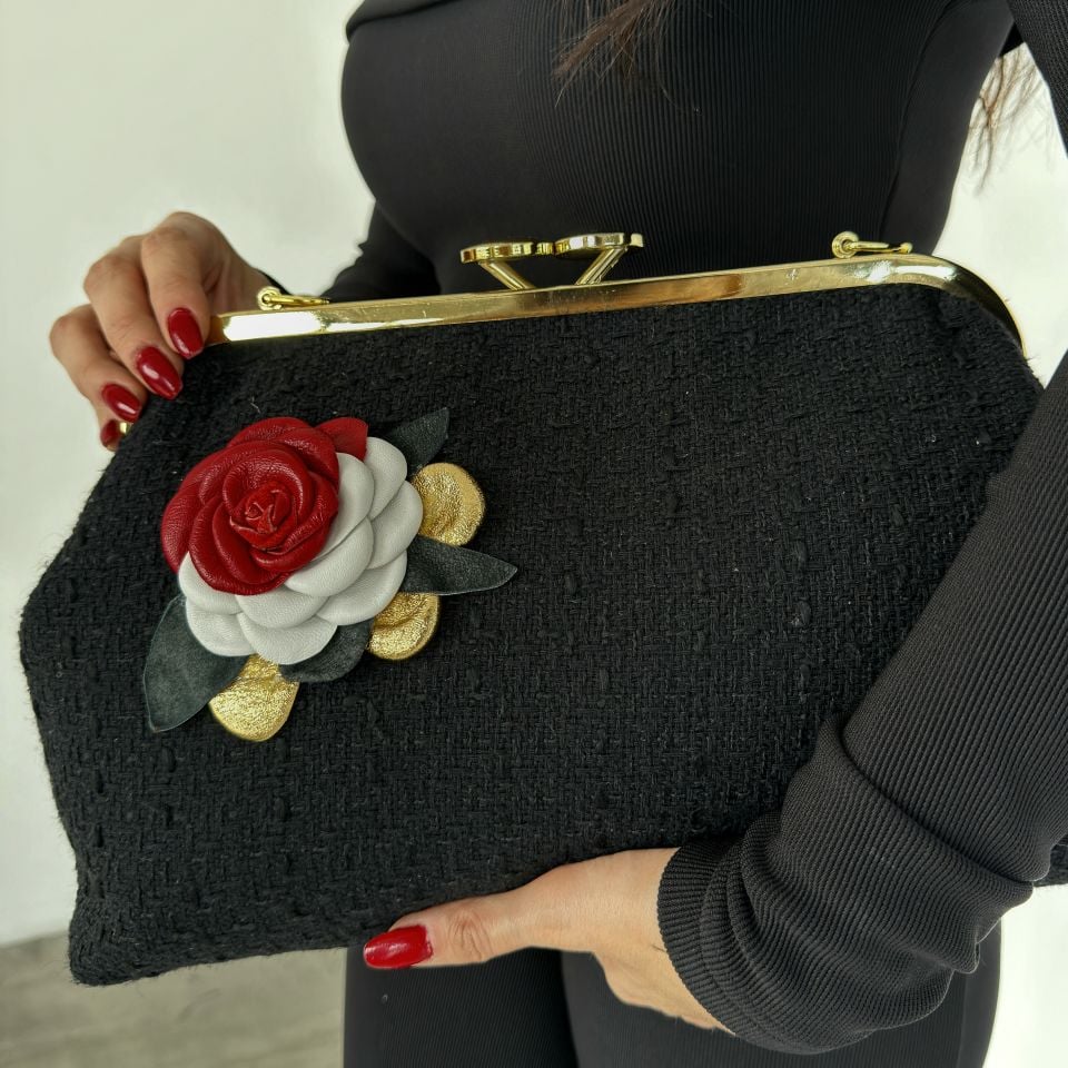 Orkide Model Siyah Renk  Kumaş Tasarım Çanta