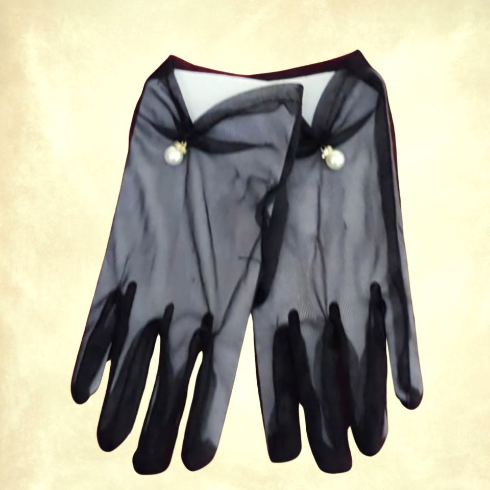 Leydi Siyah Renk Organze Beyaz İncili Eldiven