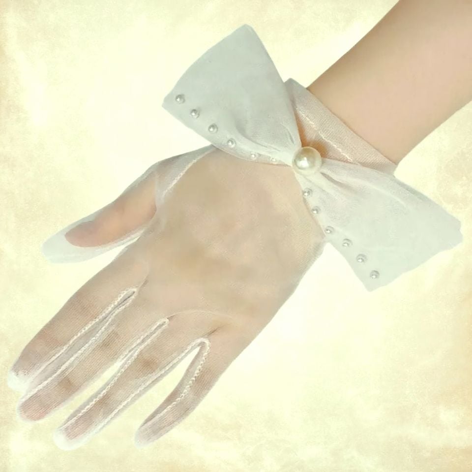Düşes İnci Beyaz Organze Fiyonklu Eldiven