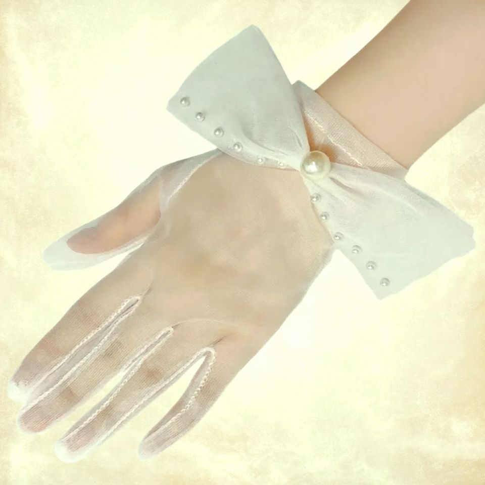 Düşes İnci Beyaz Fiyonklu Organze Eldiven