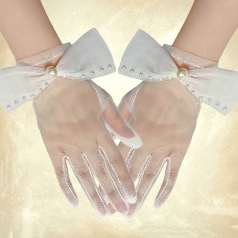 Düşes İnci Beyaz Fiyonklu Organze Eldiven