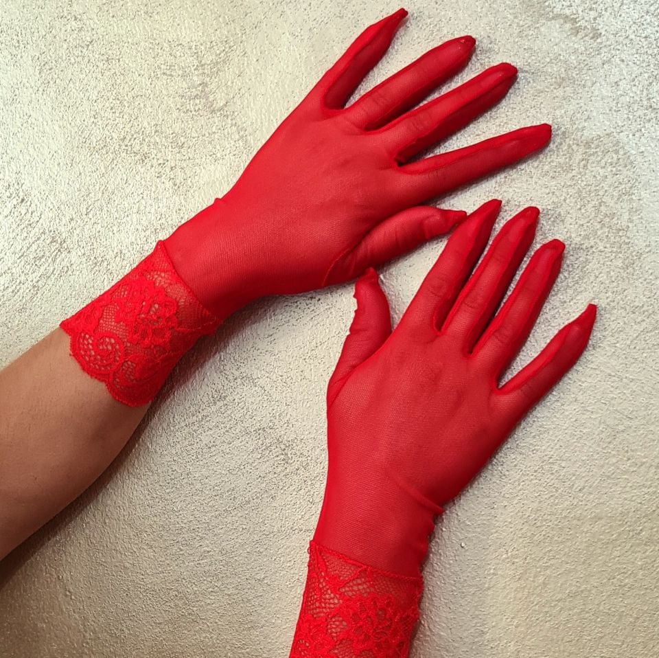 Leydi Kırmızı Dantelli Organze Eldiven
