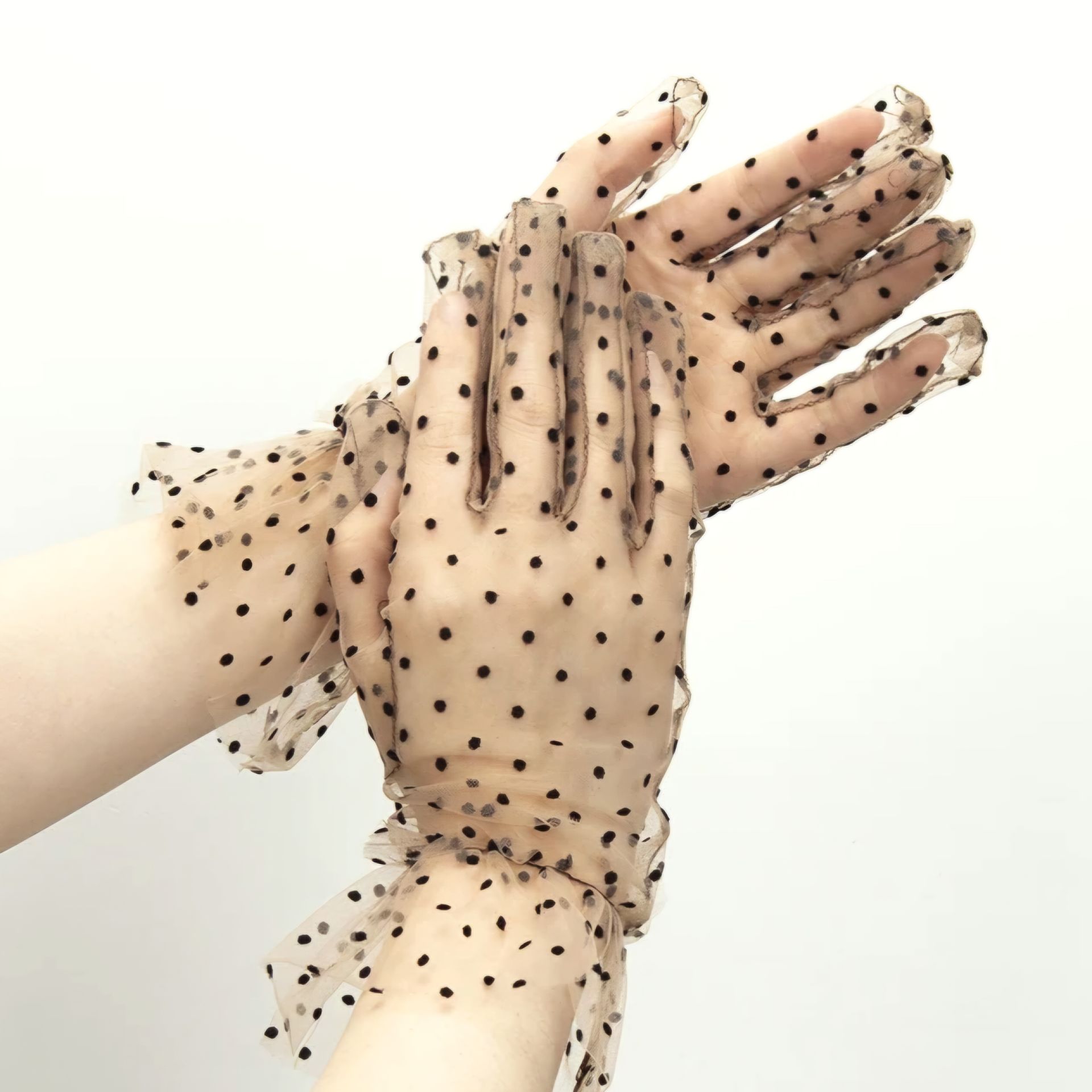 Leydi Camel Siyah Puantiyeli Organze Eldiven