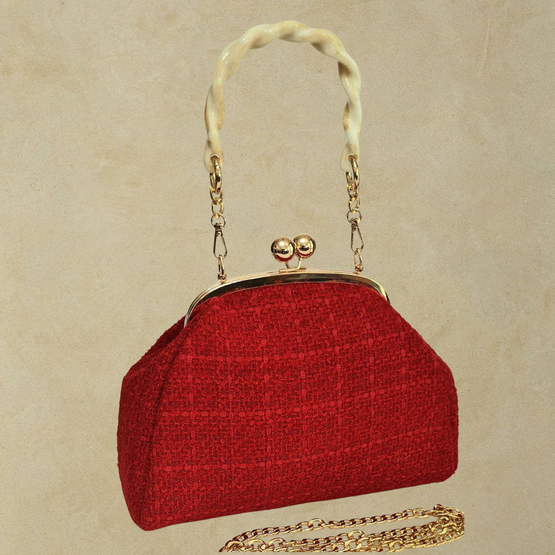 Topuz Model Koyu Kırmızı Renk Kumaş Tasarım  Çanta