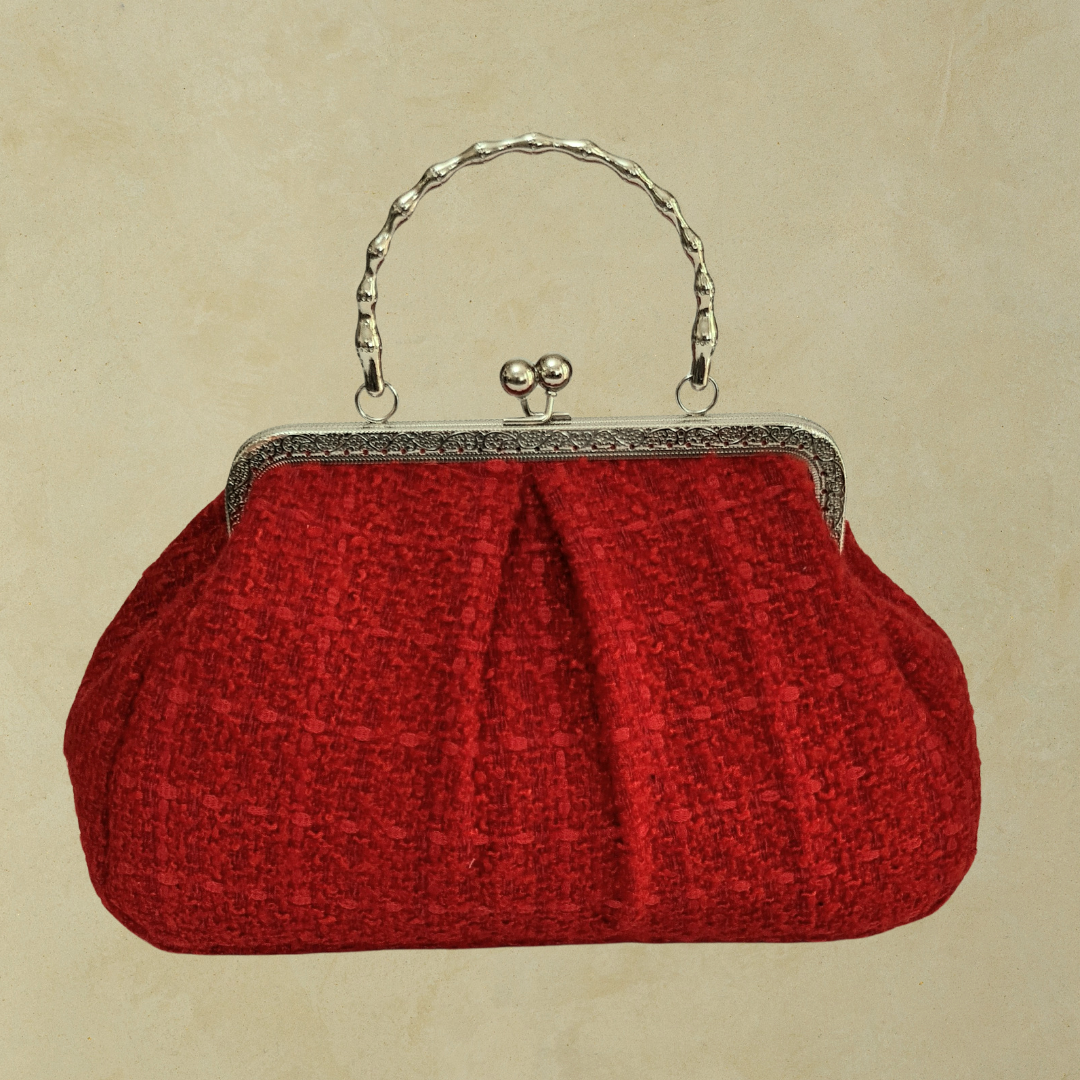 Antik Model Koyu Kırmızı Renk gümüş Metal Kumaş Tasarım Çanta