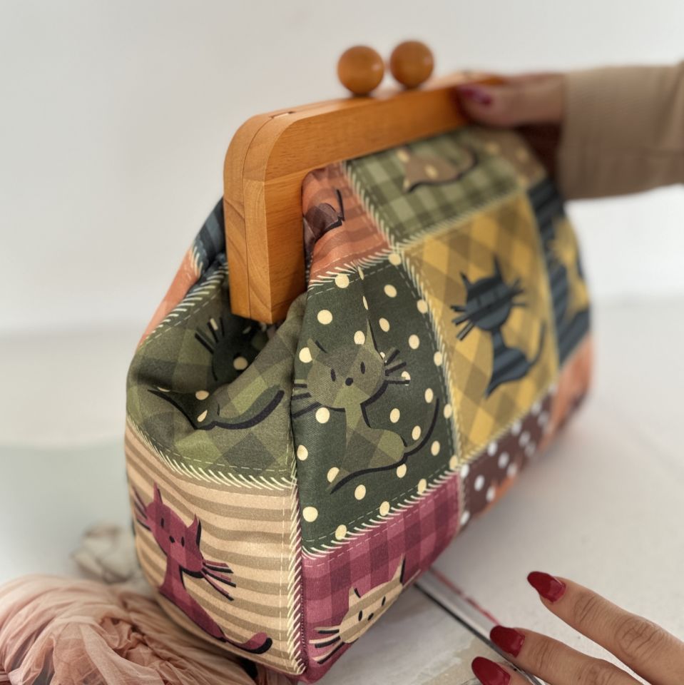 Sardunya Model Kedi Desenli Kumaş Tasarım Çanta