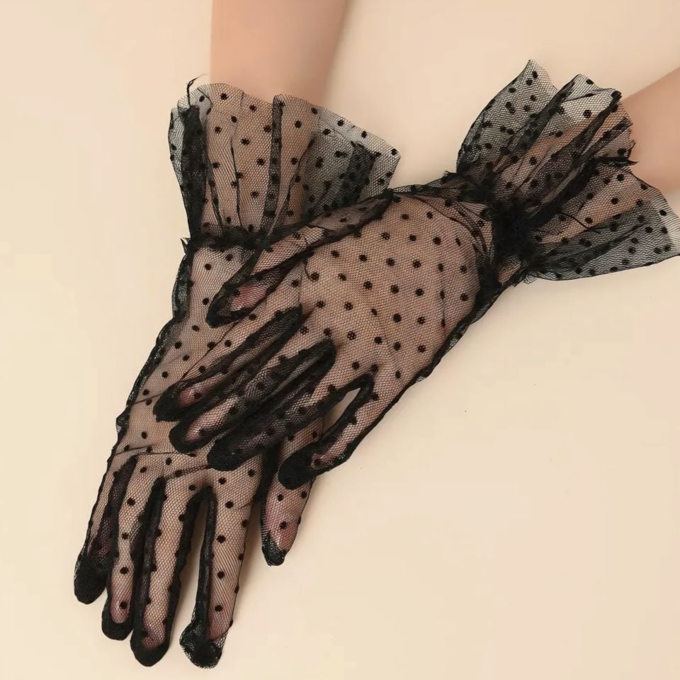 Leydi Siyah Renk Puantiyeli Organze Eldiven