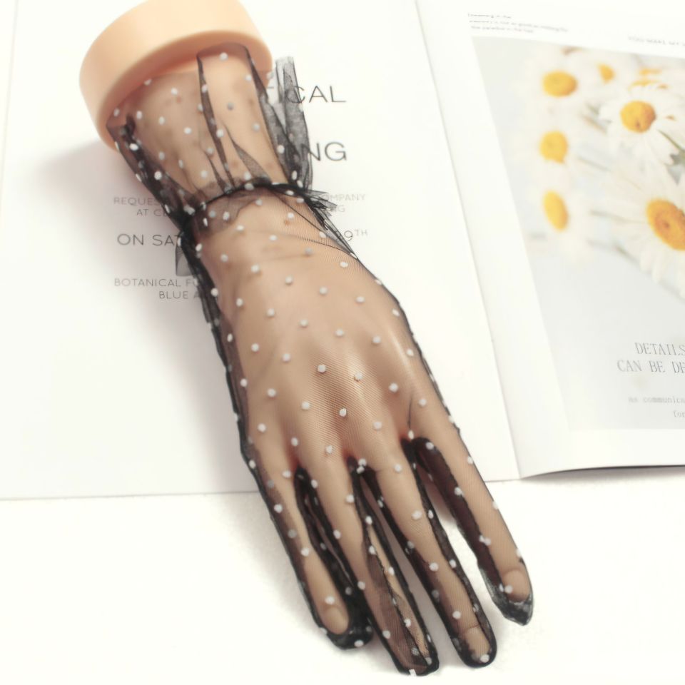 Leydi Siyah Beyaz Puantiyeli Organze  Eldiven