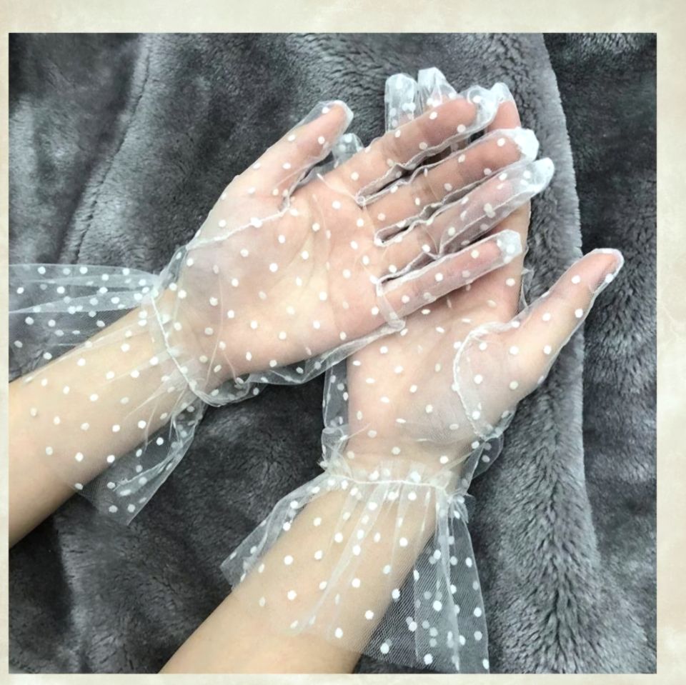 Leydi İnci Beyaz Puantiyeli Organze Eldiven