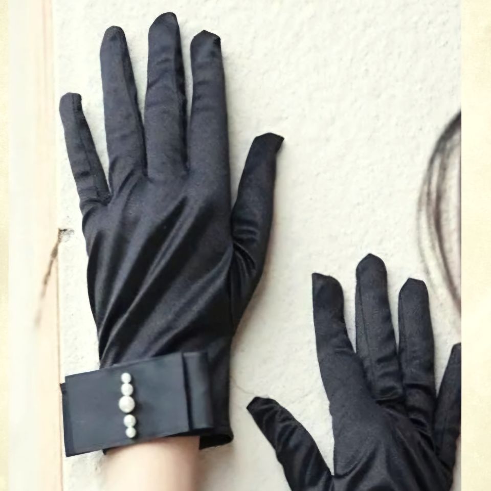Düşes Siyah İncili İpek Saten Eldiven