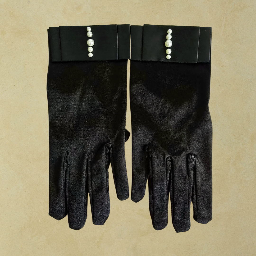 Düşes Siyah İpek Saten İncili Eldiven