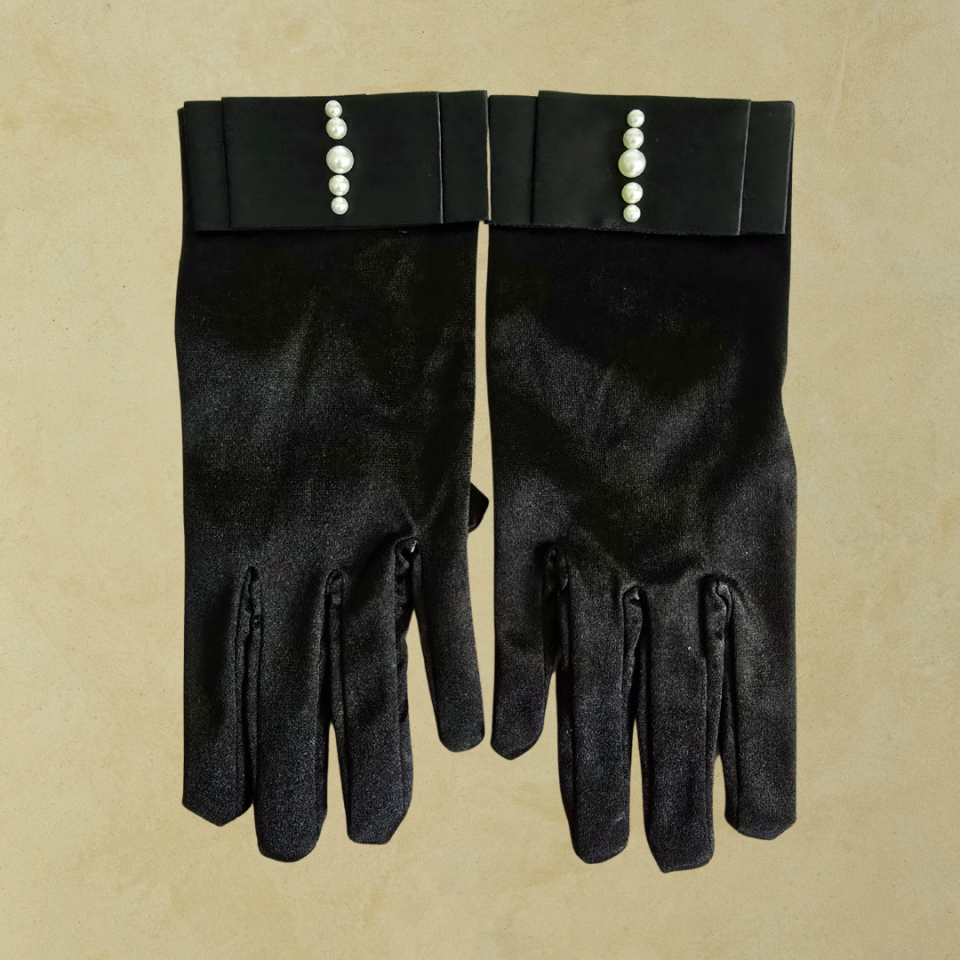 Düşes Siyah İpek Saten İncili Eldiven