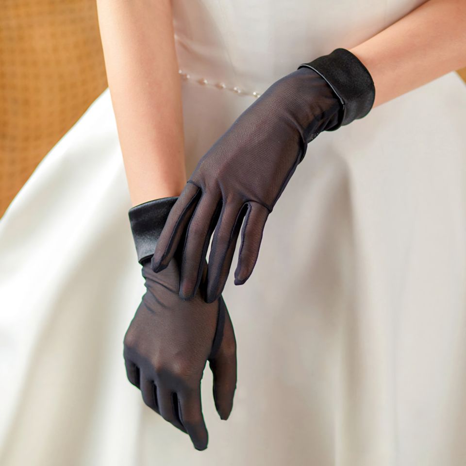 Düşes Siyah Saten Manşet Organze  Eldiven