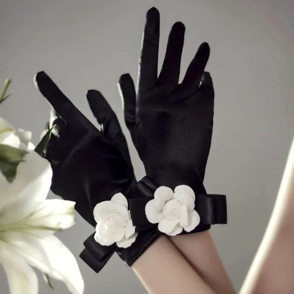 Düşes Siyah İpek Saten  Gül Eldiven