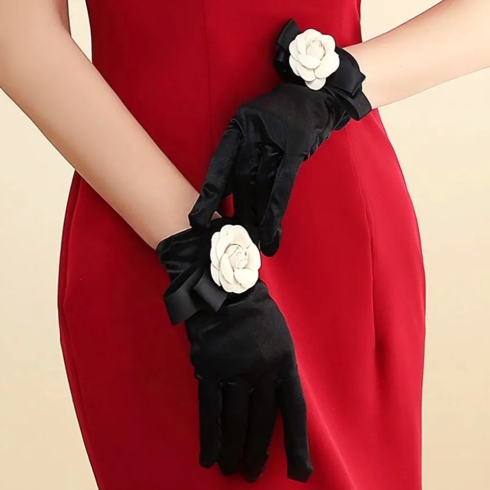 Düşes Siyah İpek Saten  Gül Eldiven