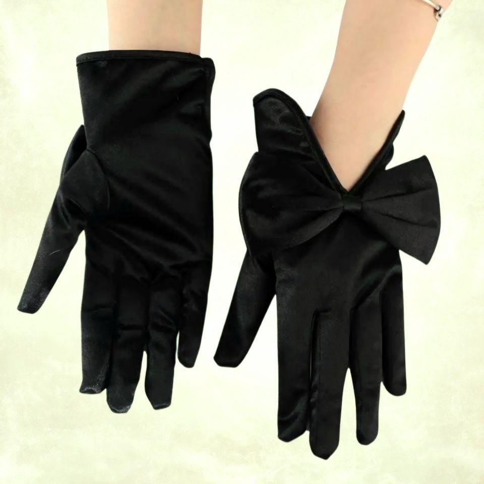Düşes Siyah Fiyonklu İpek Saten  Eldiven