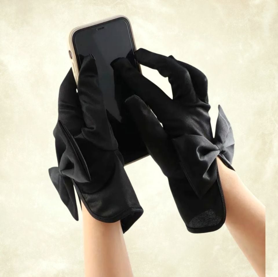 Düşes Siyah Fiyonklu İpek Saten  Eldiven