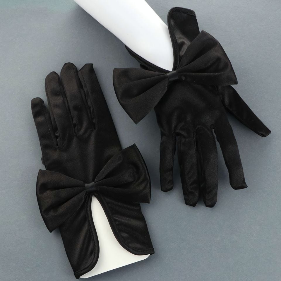 Düşes Siyah Fiyonklu İpek Saten  Eldiven