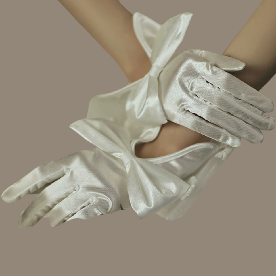 Düşes İnci Beyaz Fiyonklu İpek Saten Eldiven
