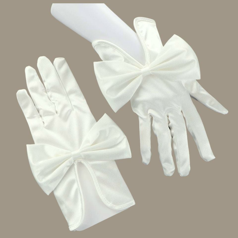 Düşes İnci Beyaz Fiyonklu İpek Saten Eldiven