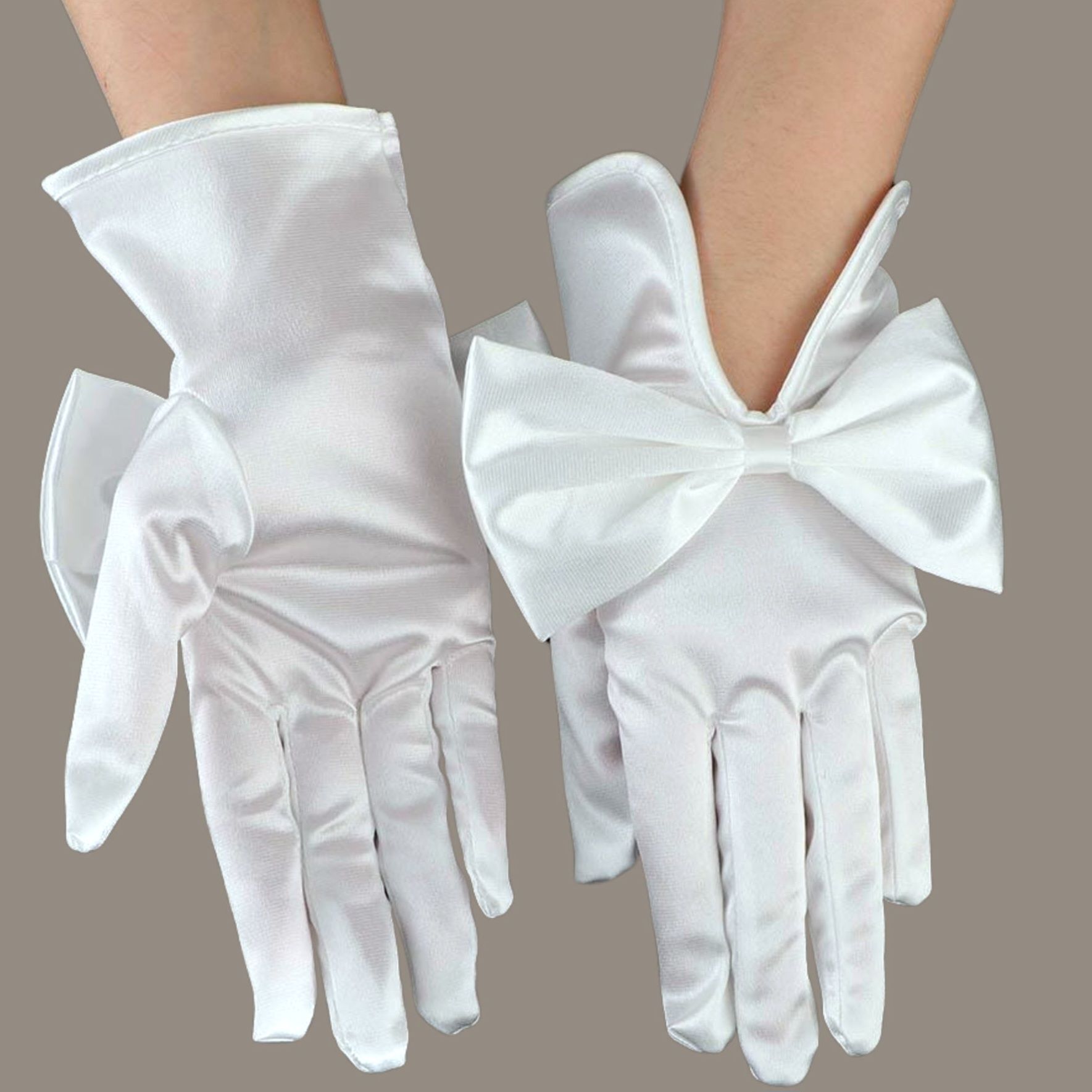 Düşes Beyaz Fiyonklu İpek Saten Eldiven