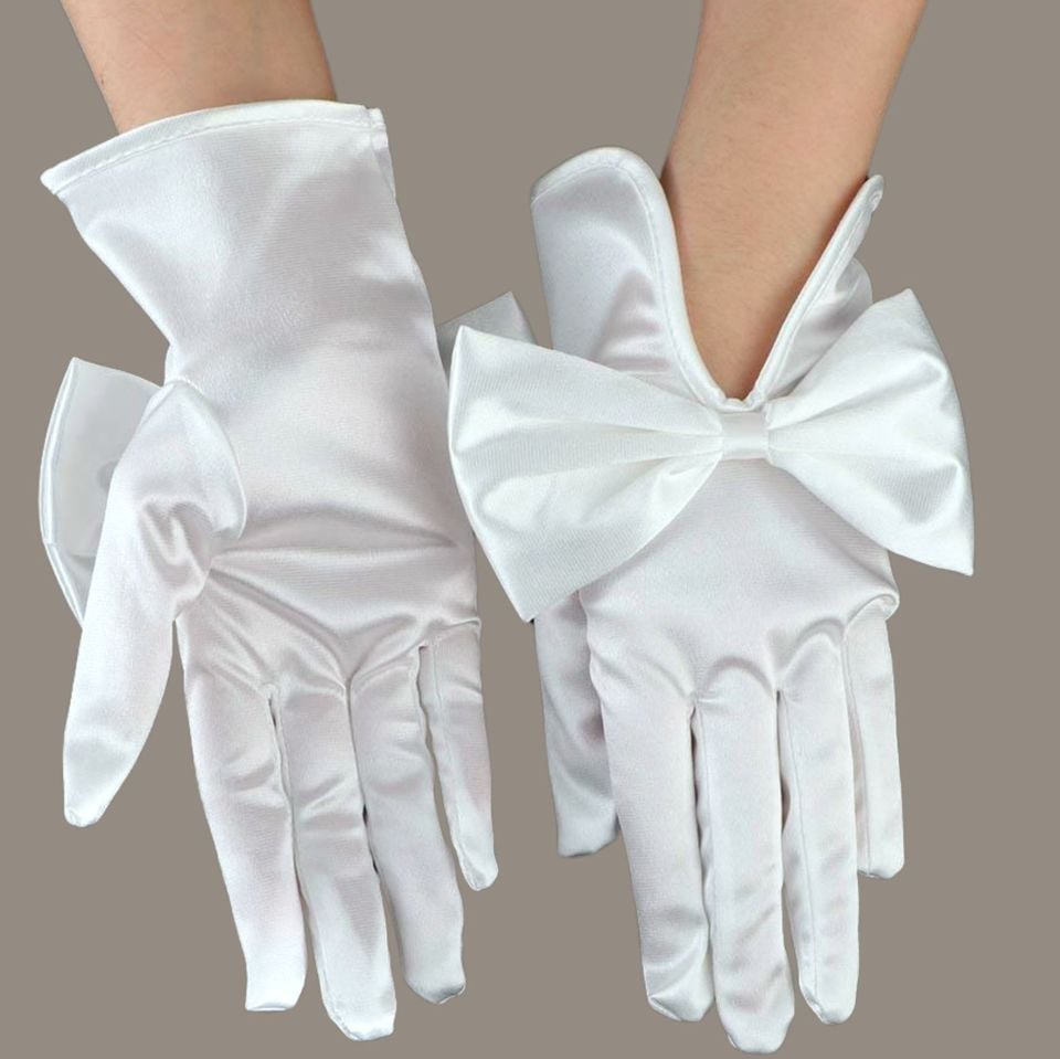 Düşes Beyaz Fiyonklu İpek Saten Eldiven