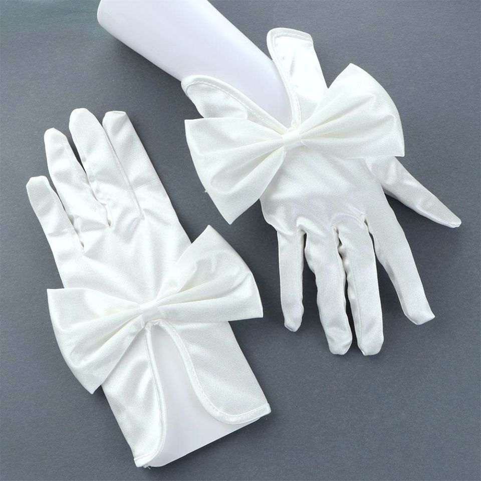 Düşes Beyaz Fiyonklu İpek Saten Eldiven