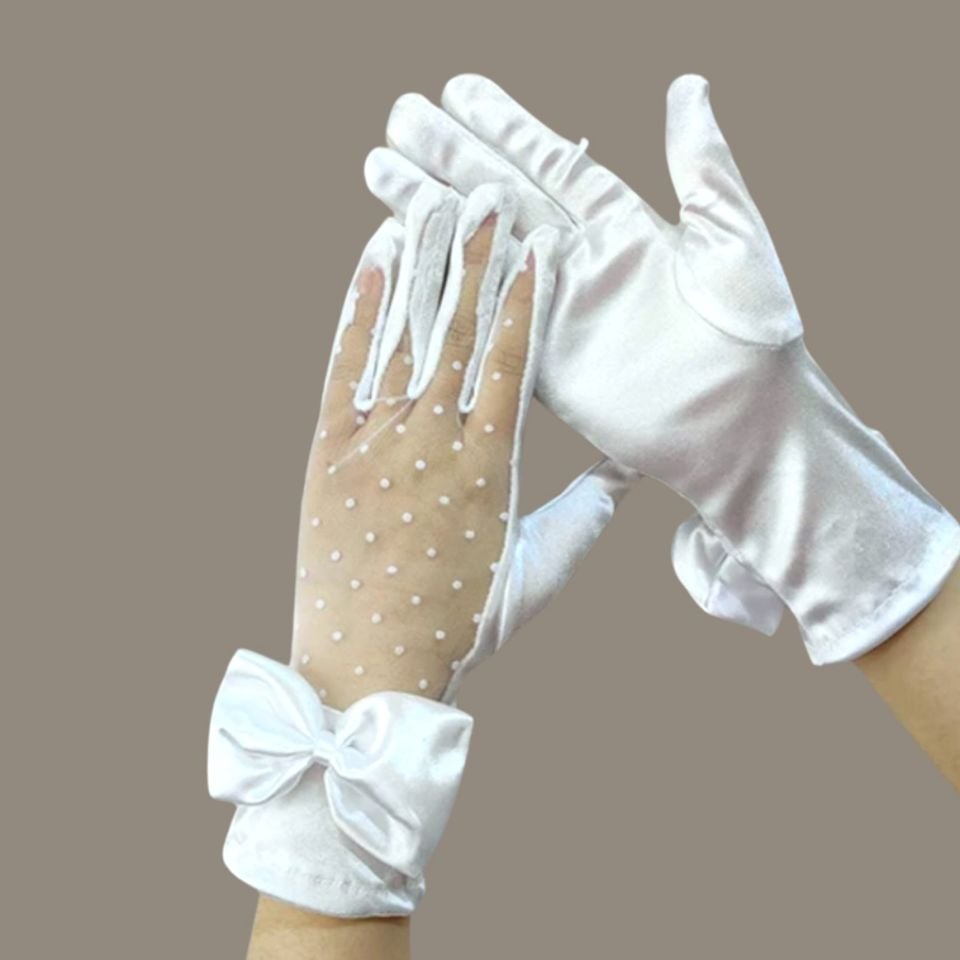 Düşes Beyaz İpek Saten Organze Puantiyeli Eldiven