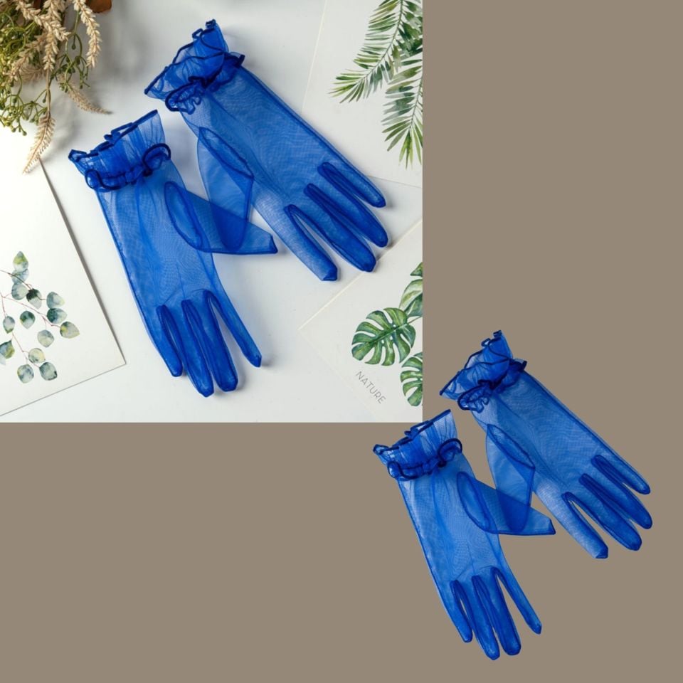 Leydi Saks Mavi Renk Organze  Eldiven