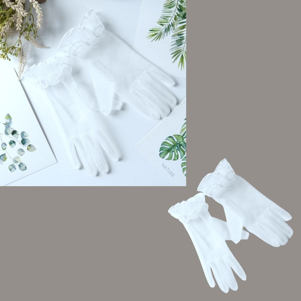 Leydi Beyaz Renk Organze  Eldiven