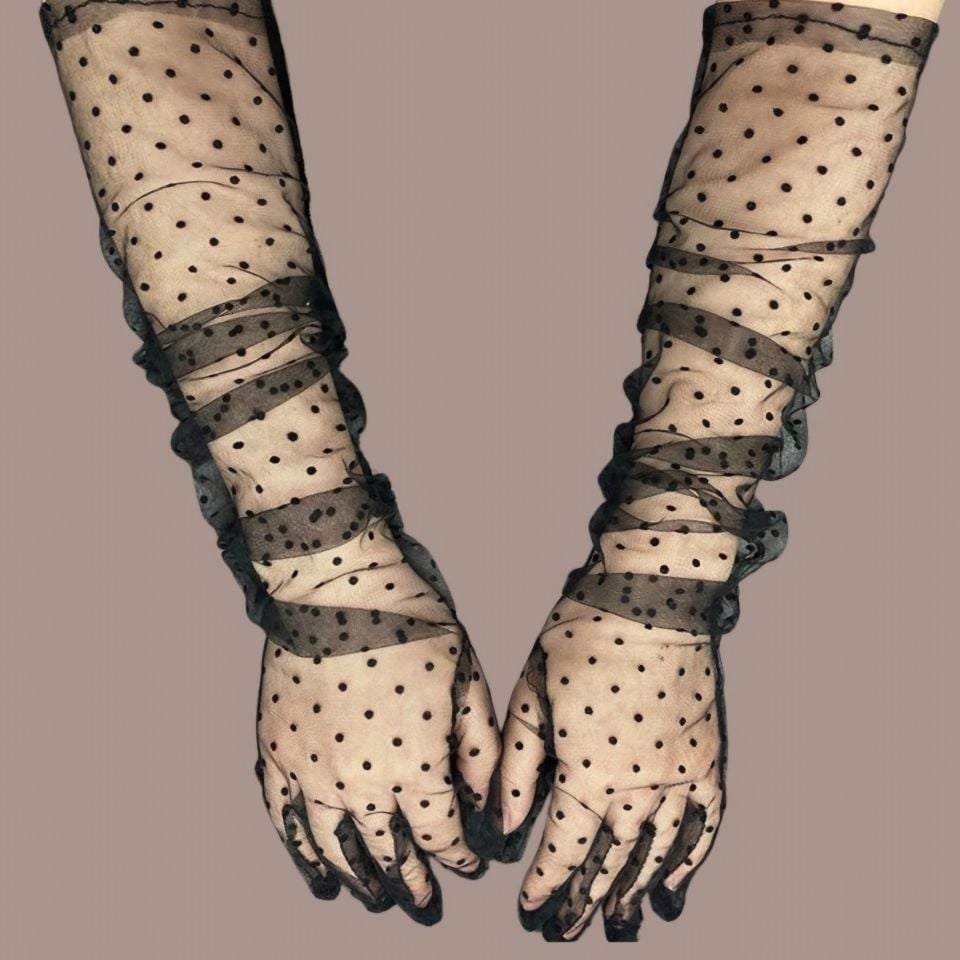 Leydi Siyah Renk Puantiyeli Organze Eldiven 60 cm