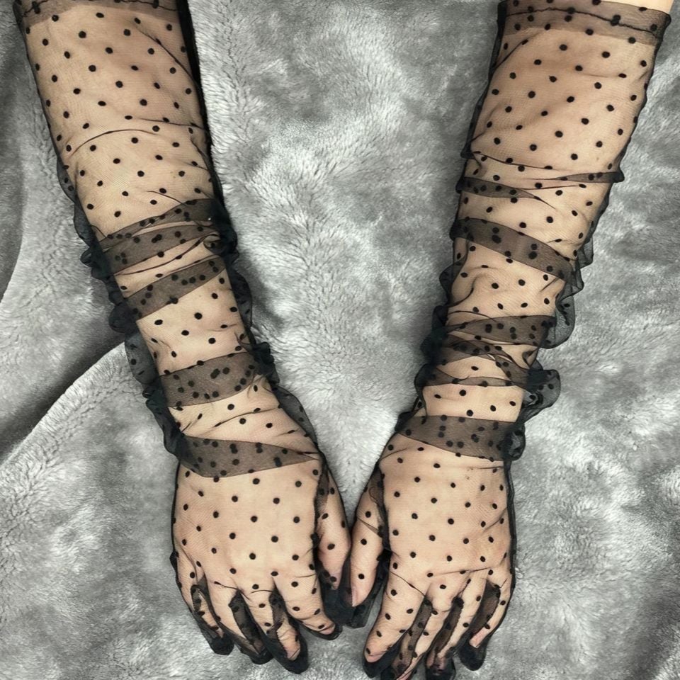 Leydi Siyah Renk Puantiyeli Organze Eldiven 60 cm