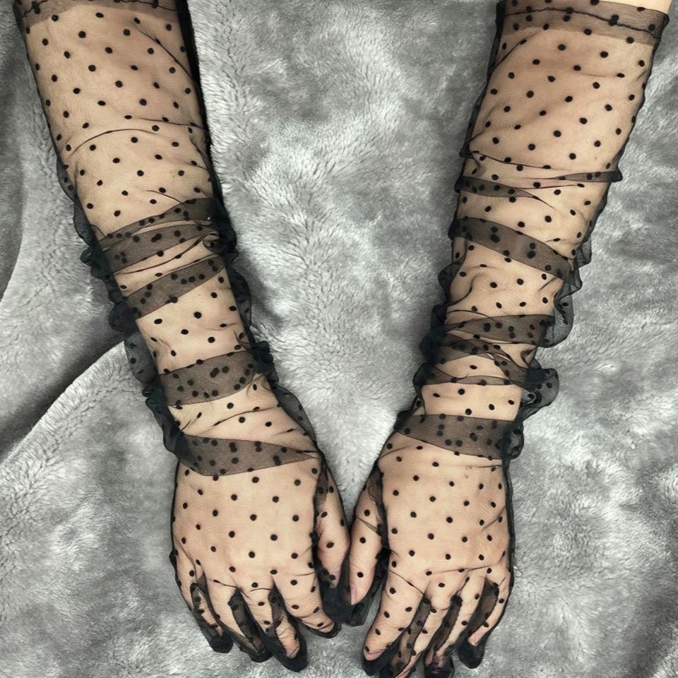 Leydi Siyah Puantiyeli Organze Eldiven 60 cm