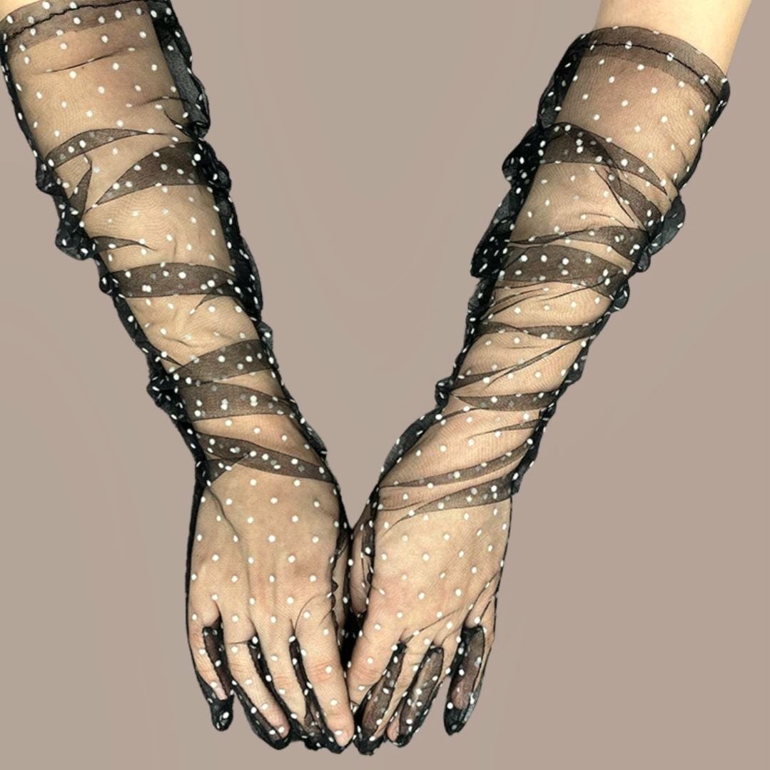 Leydi Siyah Beyaz Puantiyeli Organze Eldiven 60 cm