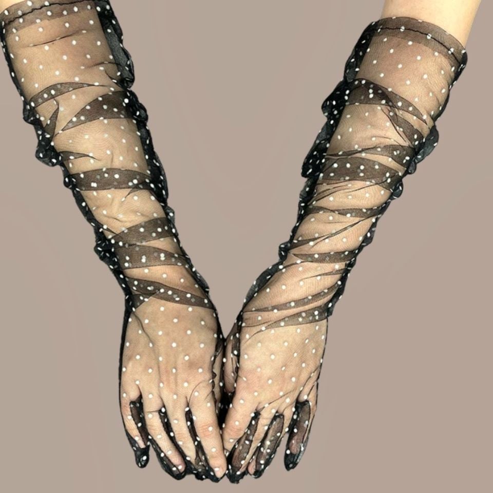 Leydi Siyah Beyaz Puantiyeli Organze Eldiven 60 cm