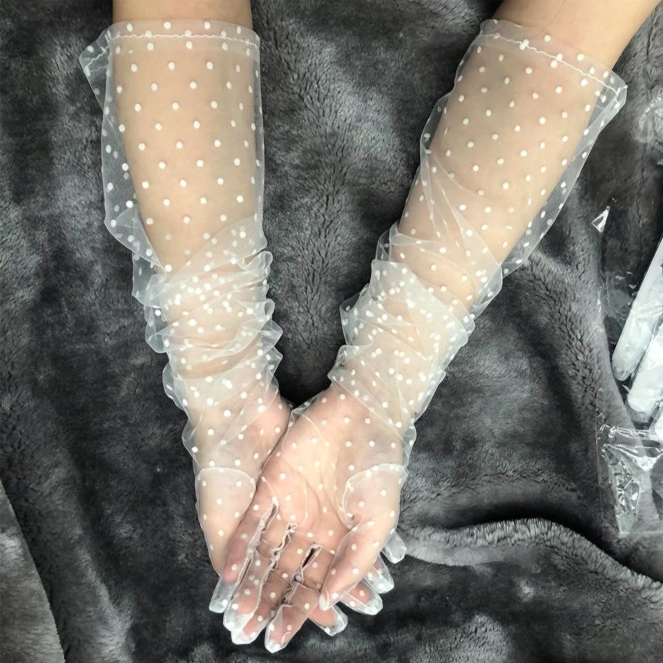 Leydi Beyaz Puantiyeli Organze Eldiven 60 cm