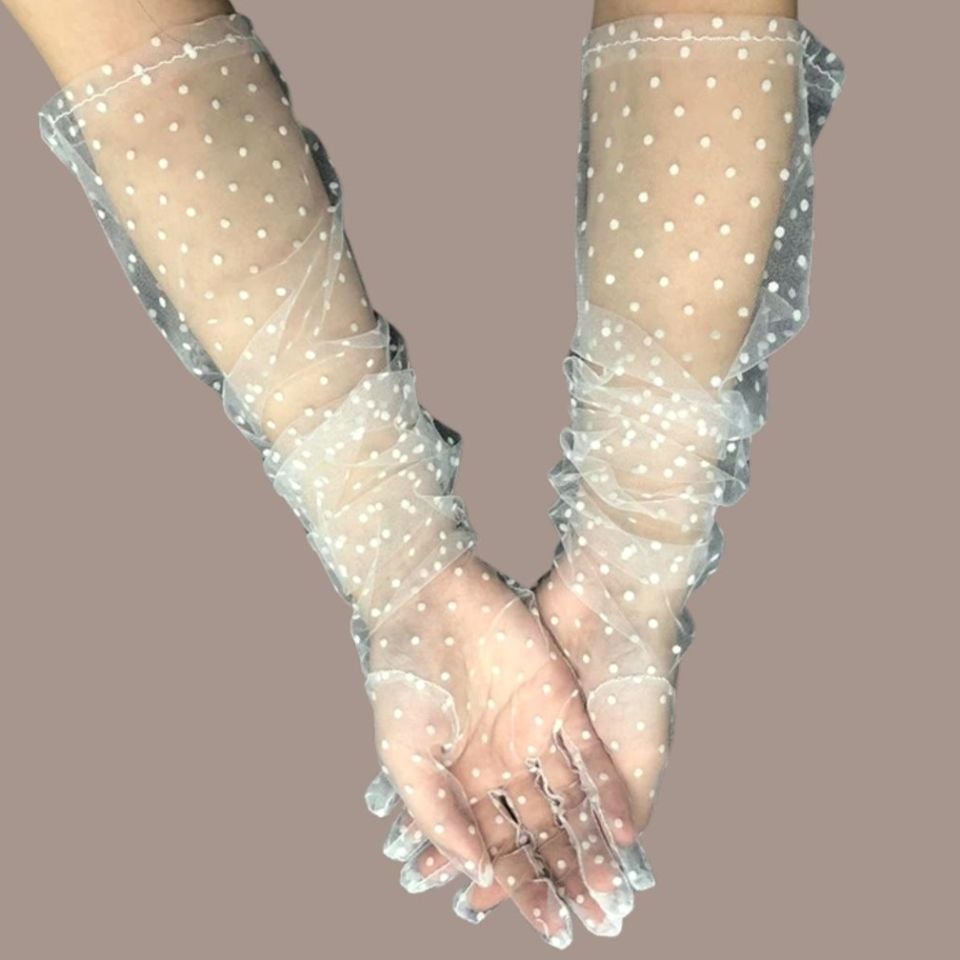 Leydi Beyaz Puantiyeli Organze Eldiven 60 cm