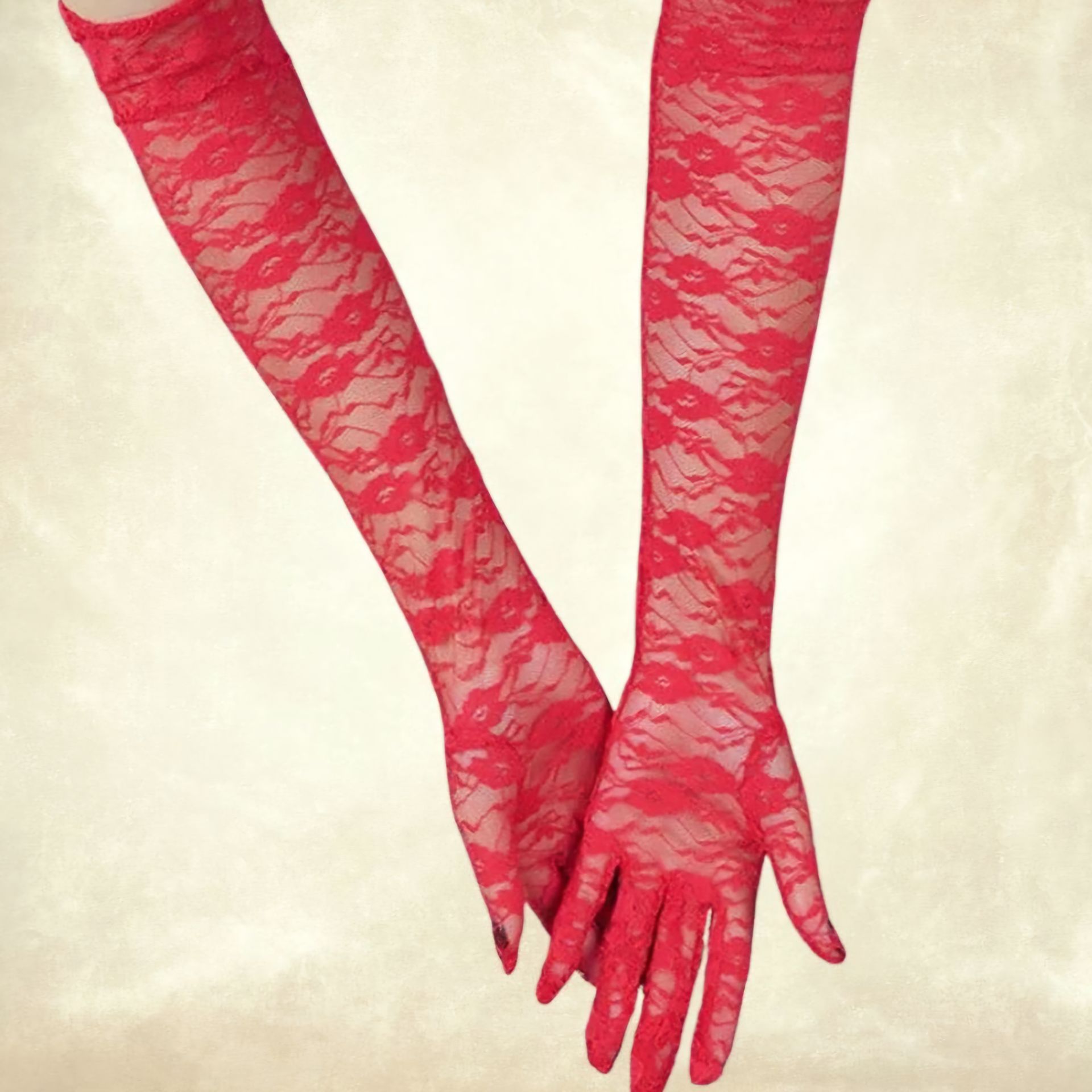Barones Kırmızı Desenli Dantel Eldiven 50 cm